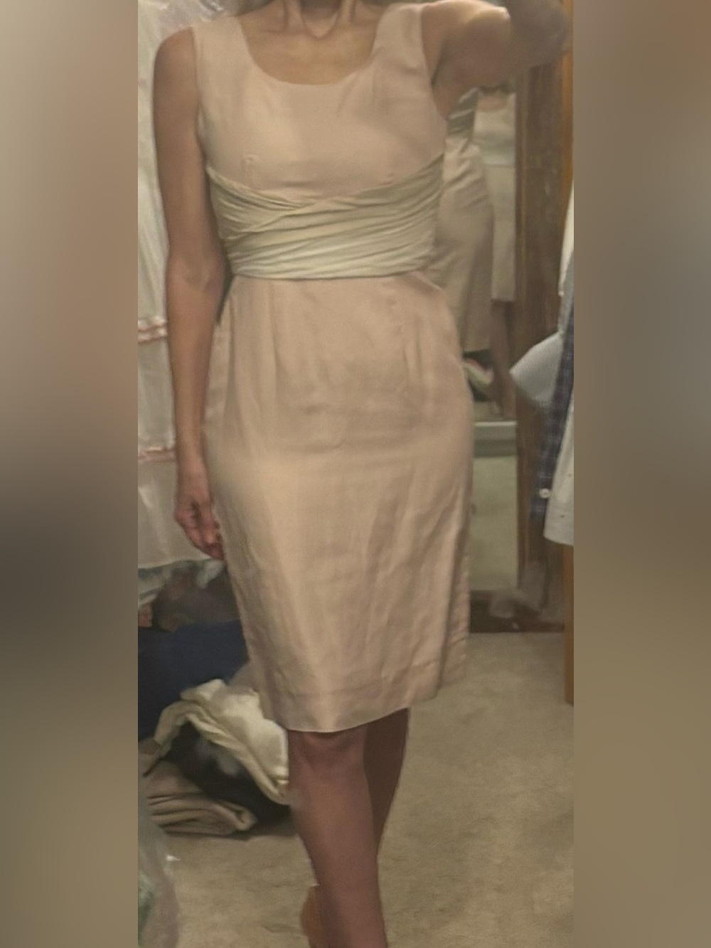 J Peterman Sleeveless Pink Dress with Cream Waist Detail